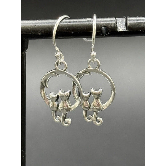New Condition Sterling Silver Two Cats Dangle Earrings 925