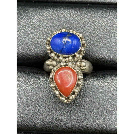Vintage Sterling Silver Genuine Lapis Coral Ring Size 6.75 Q3