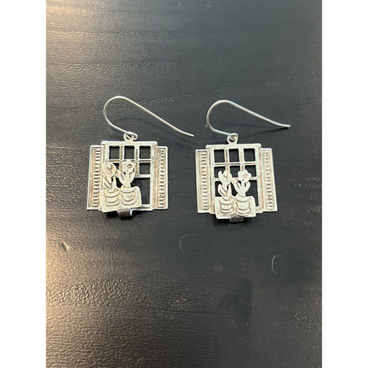 Sterling Silver Window Pane Flower Earrings 925 M2