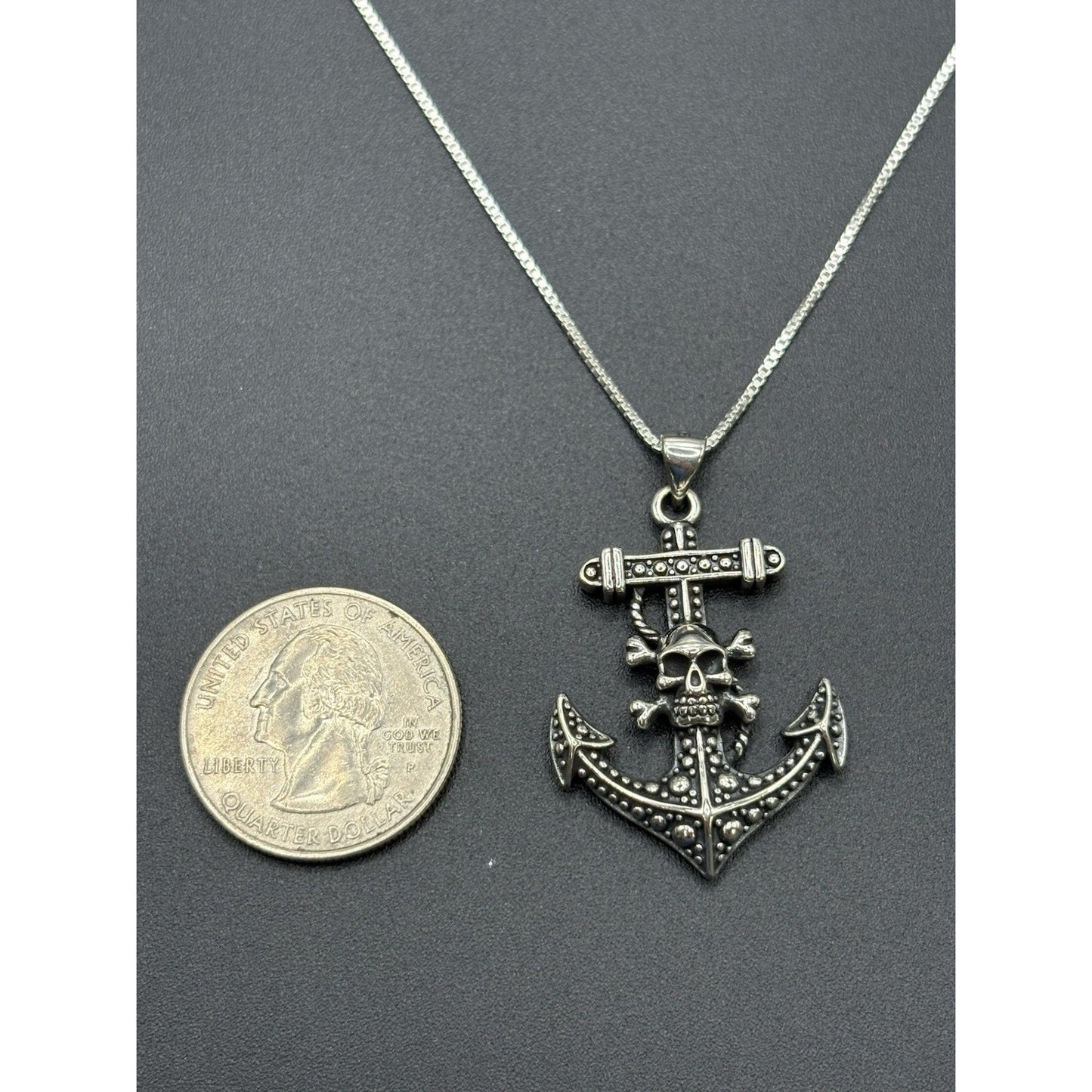 New Condition 20" Sterling Silver Skull Anchor Pendant Necklace