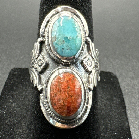 New Condition Sterling Silver Turquoise Coral Oblong Ring 925 Size 6.5