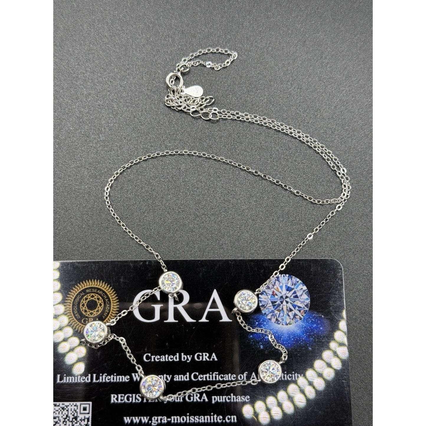 New Condition 18” Sterling Silver Moissanite Station Necklace GRA