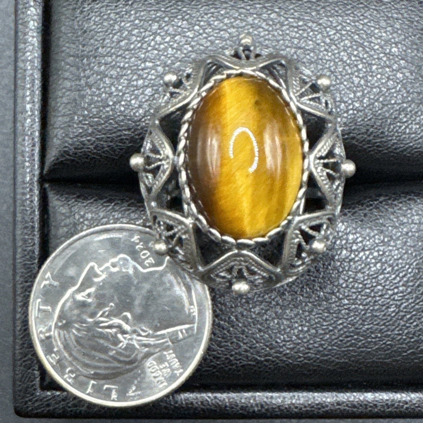Vintage Sterling Silver Tigers Eye Dome Ring 915 Size Adjustable Q28