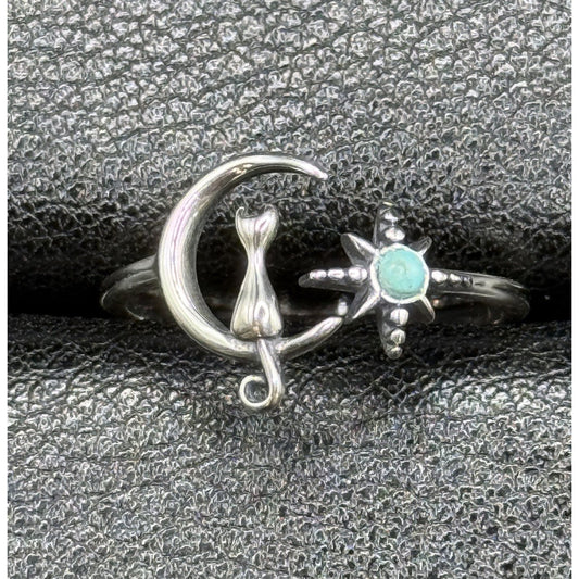 New Condition Sterling Silver Turquoise Moon Cat Star Ring Size 7.00 Adjustable