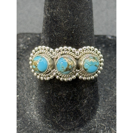 New Condition Sterling Silver Copper Turquoise 3 Stone Ring Size 7.00