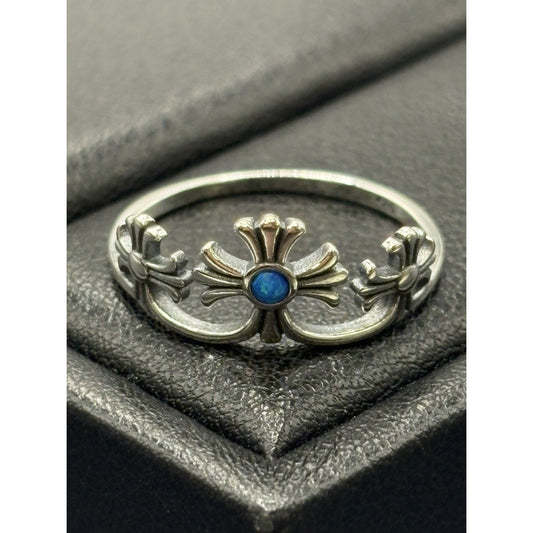 New Condition Sterling Silver Lab Blue Opal Crosses Ring Size 7