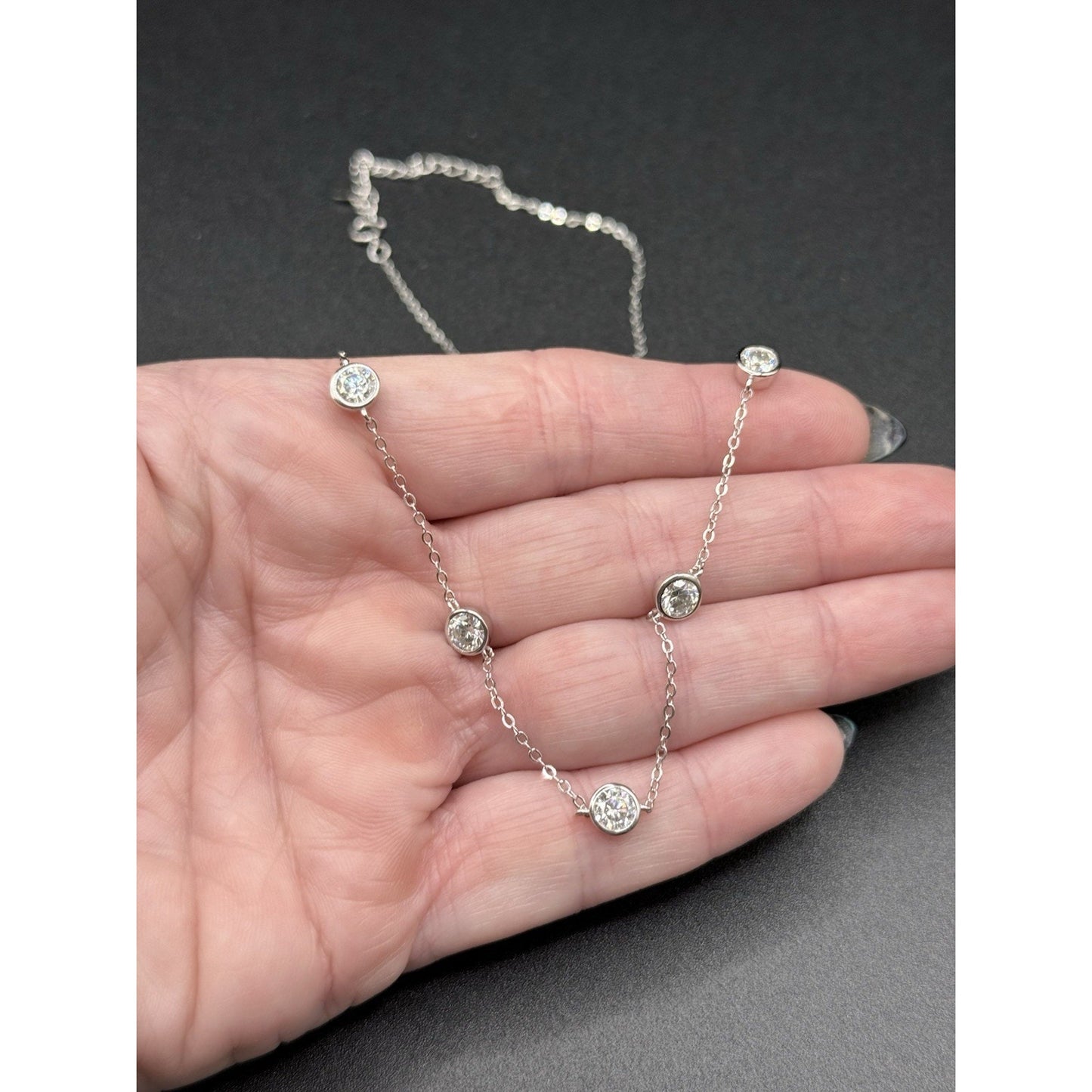 New Condition 18” Sterling Silver Moissanite Station Necklace GRA