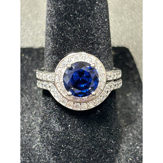 New Condition Sterling Silver Blue Cubic Zirconia Two Rg Wedding Set Size 7.00