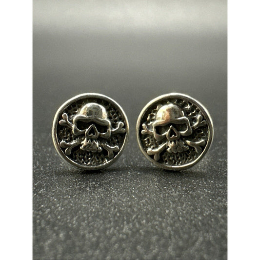 New Condition Sterling Silver Skull Jolly Roger Pirate Stud Earrings 925