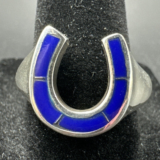 New Condition Sterling Silver Lapis Horse Shoe Good Luck Ring 925 Size 9.25