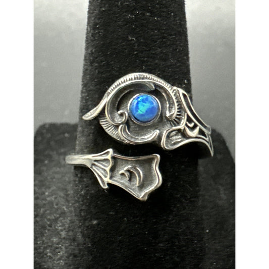 New Condition Sterling Silver Lab Blue Opal Bypass Ring 925 Size 7