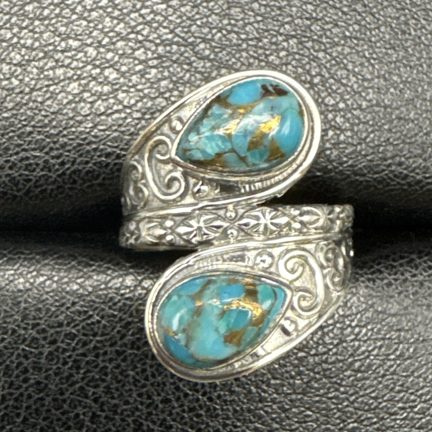 New Condition Sterling Silver Bypass Copper Turquoise Ring Size 7