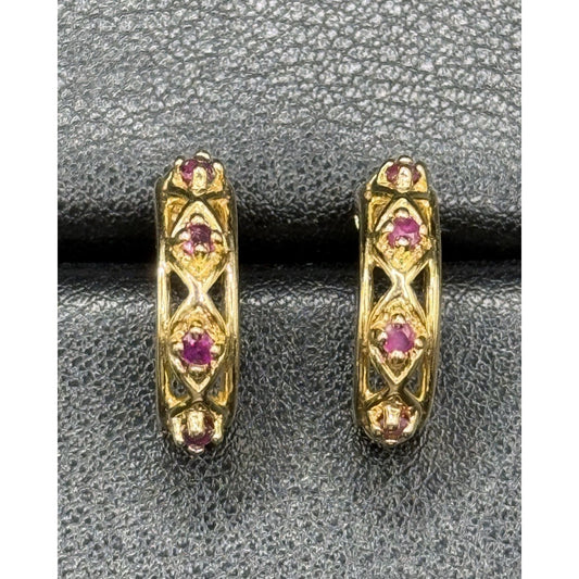 Gold Sterling Silver Genuine Ruby Hoop Earrings 925 Q23