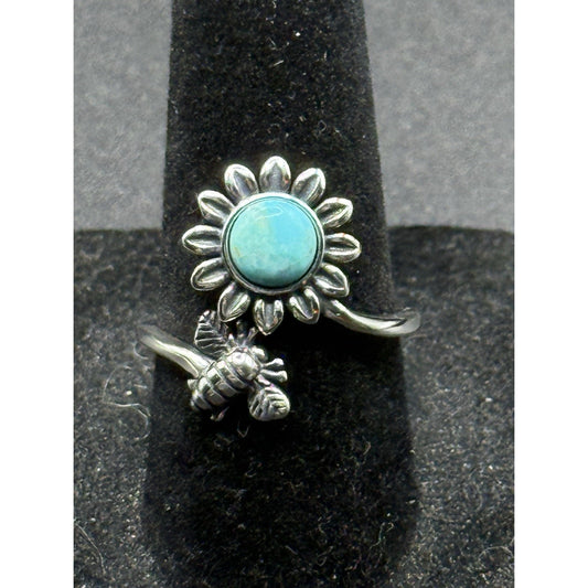 New Condition Sterling Silver Turquoise Flower Bee Ring Size 7.00 Adjustable