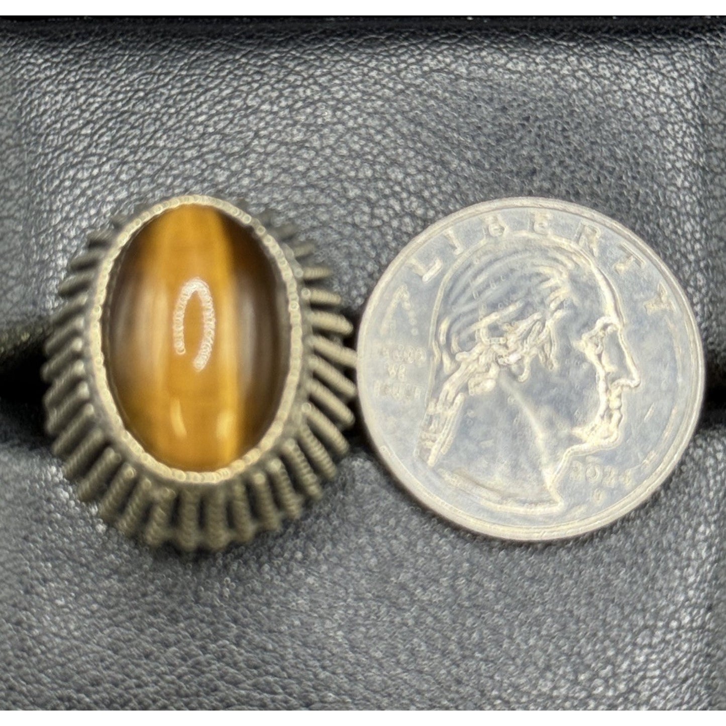 Vintage Sterling Silver Genuine Tigers Eye Ring Size 7.50 Adjustable 925 Q7