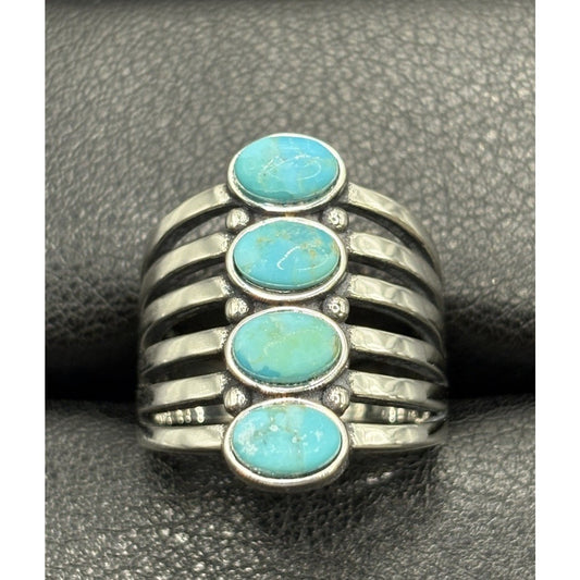 New Condition Sterling Silver 4 Vertical Turquoise Ring Size 6