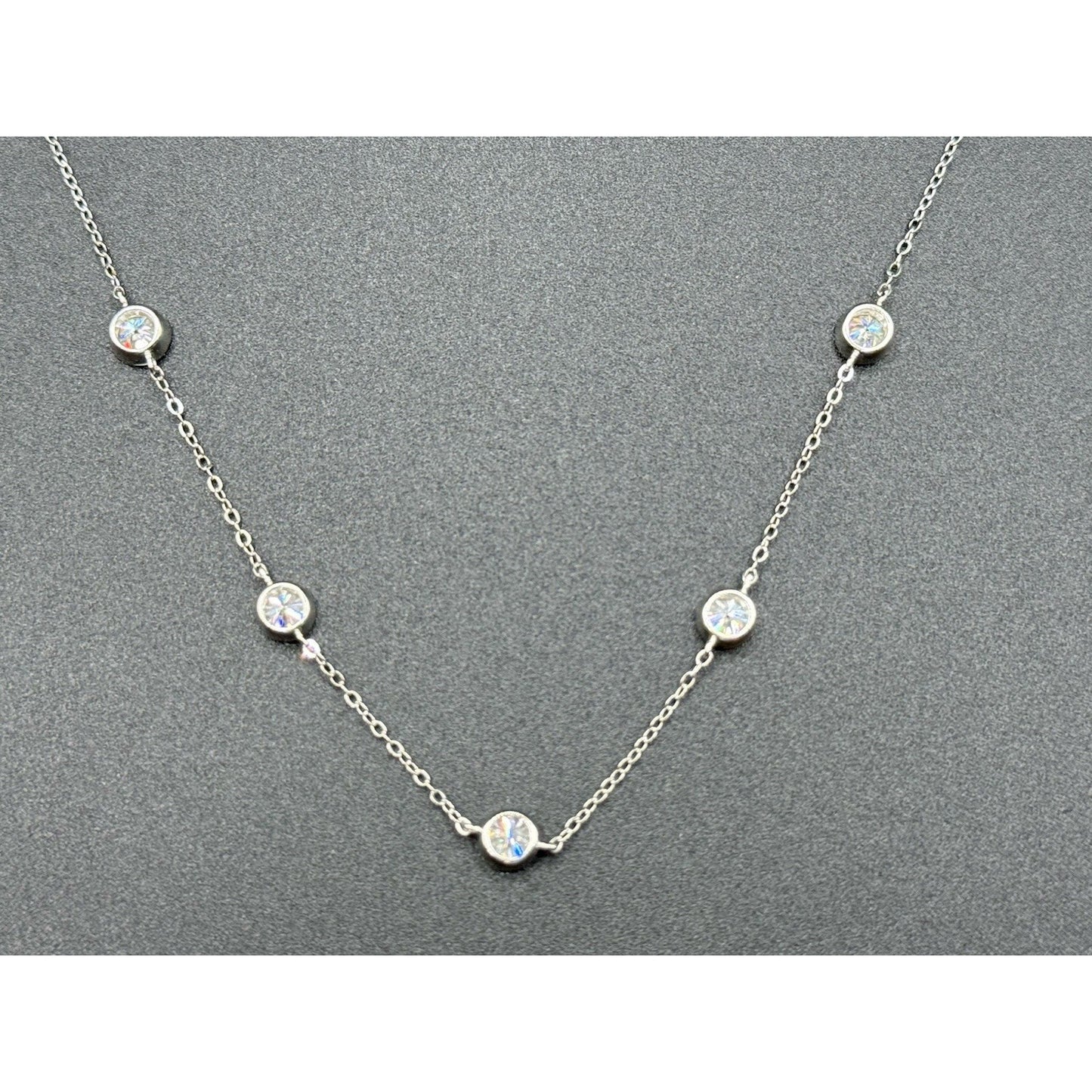 New Condition 18” Sterling Silver Moissanite Station Necklace GRA