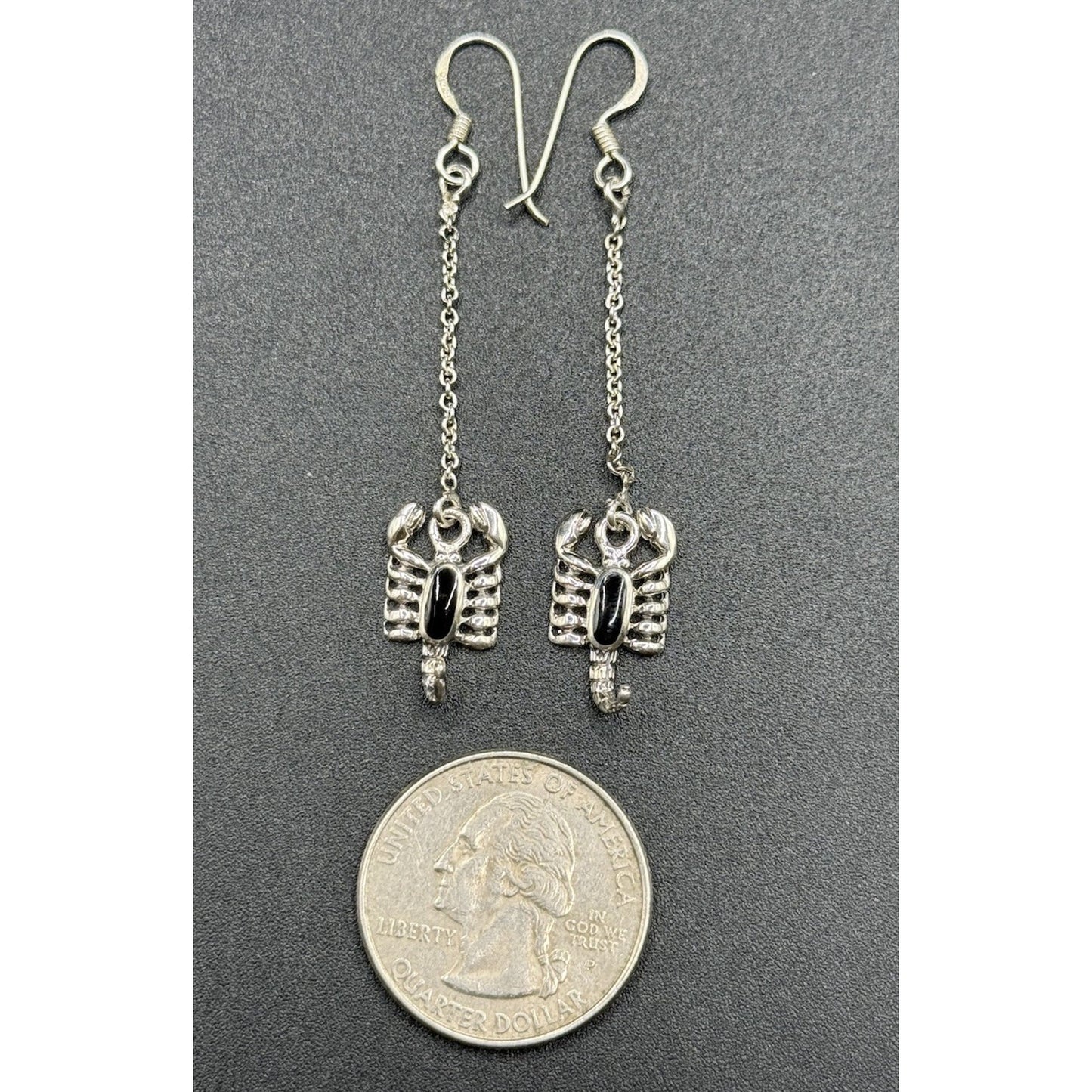 New Condition Sterling Silver Genuine Onyx Scorpion Dangle Earrings