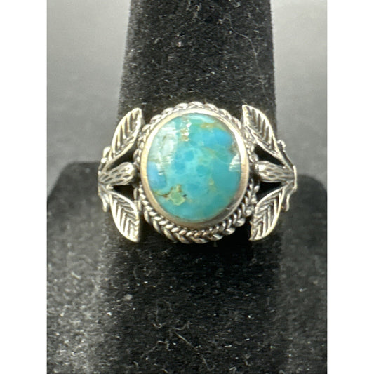 New Condition Sterling Silver Turquoise Leaf Motif Ring 925 Size 7