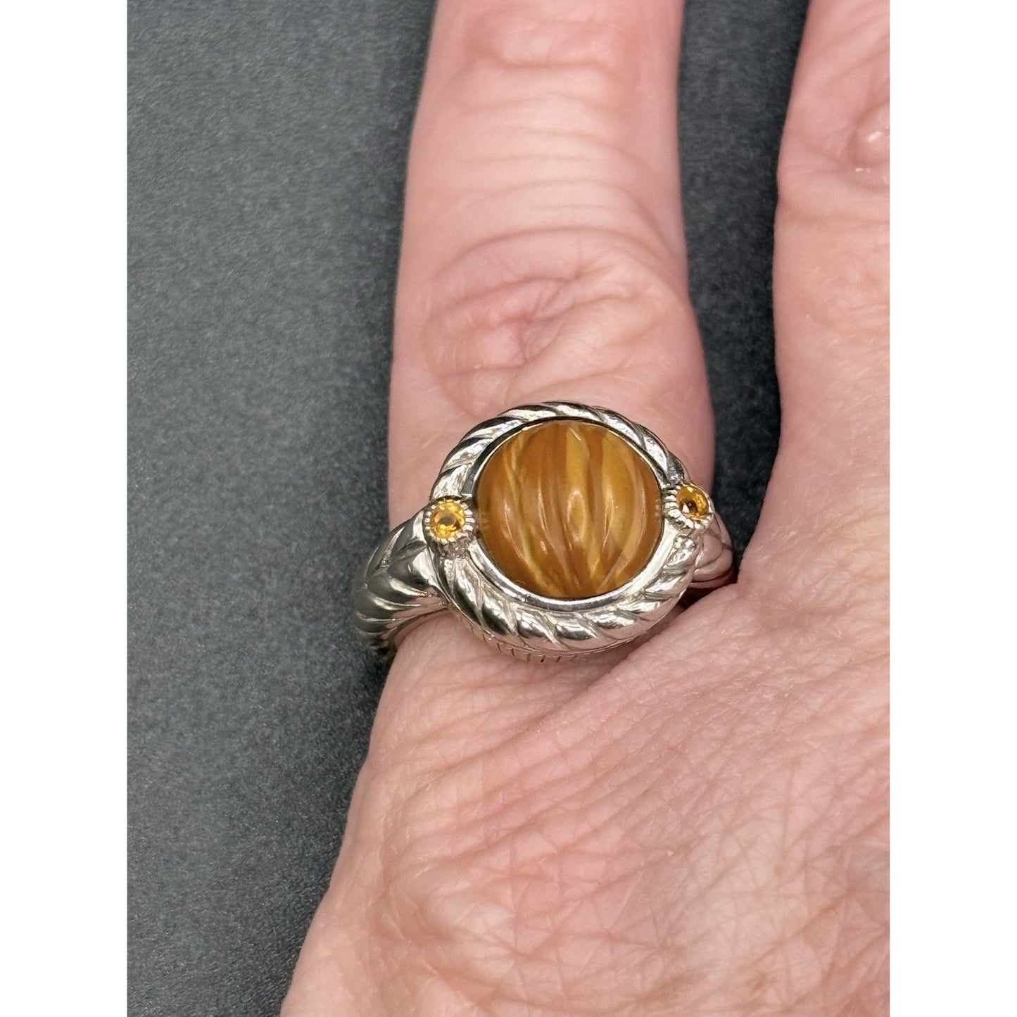 Judith Ripka Sterling Silver Citrine Carved Gem Ring Size 5.00 Q15