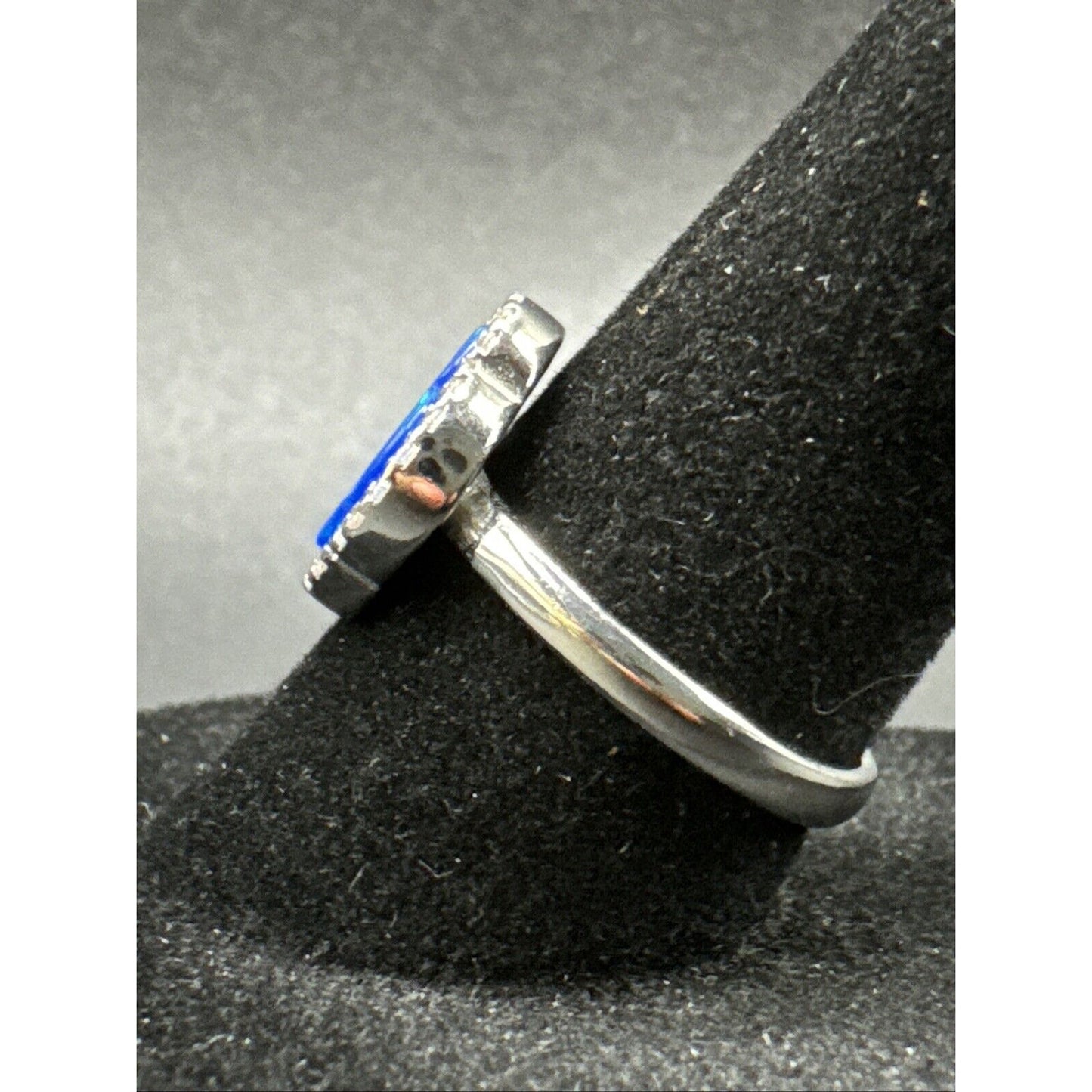 New Condition Sterling Silver Lab Blue Opal Clover CZ Ring 925 Size 7