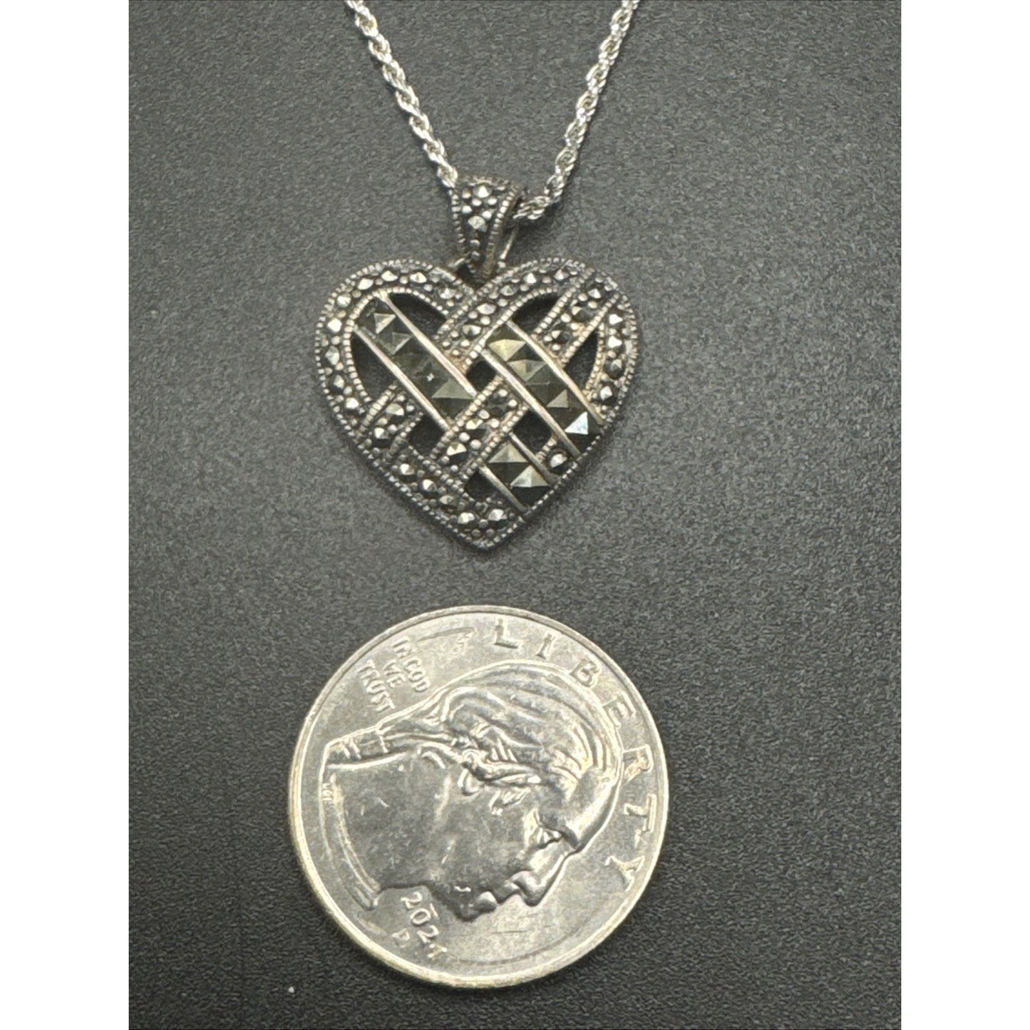 18” Ross Simmons Sterling Silver Marcasite Lattice Heart Pendant Necklace 925 R9