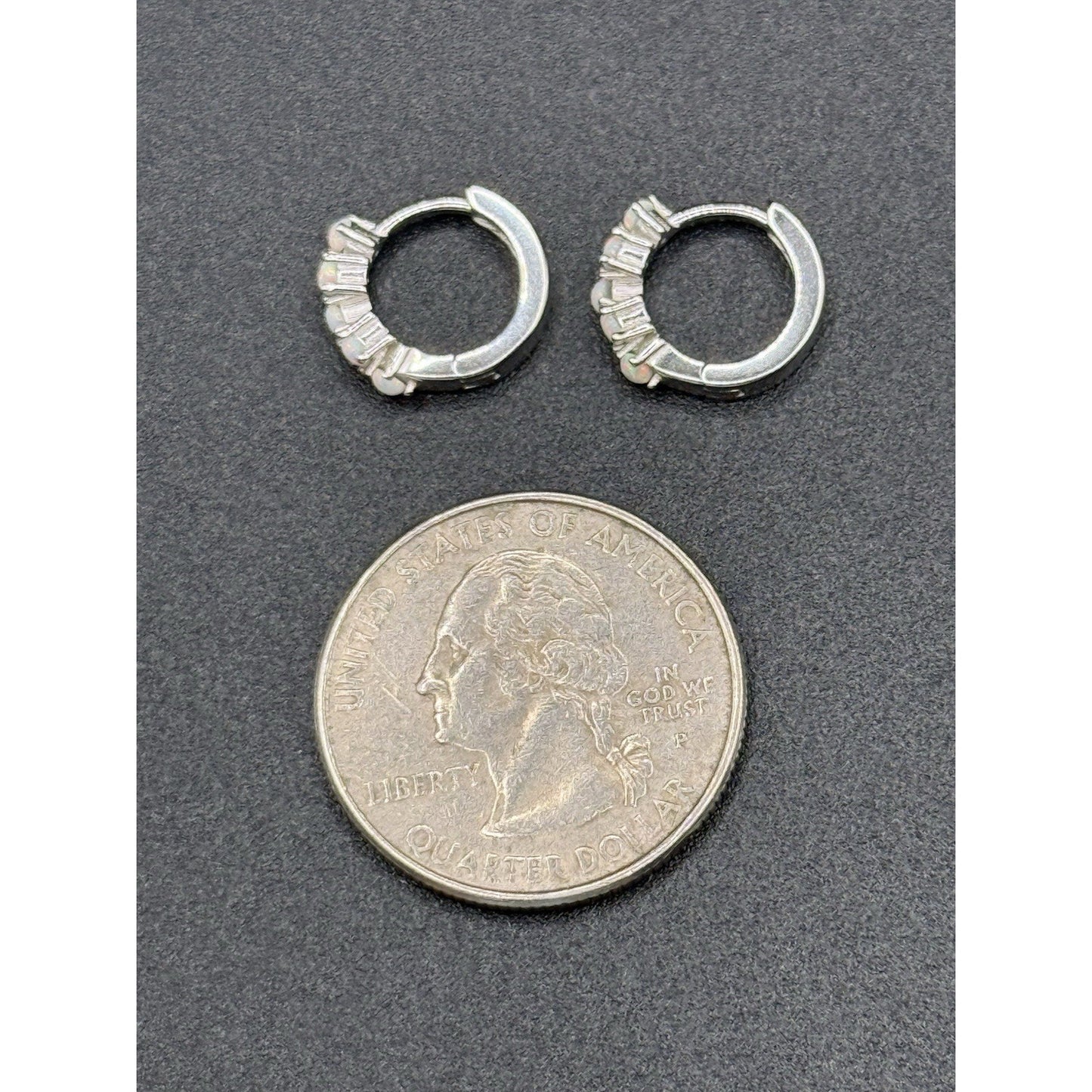 New Condition Dainty Sterling Silver Lab Opal Huggie Earrings 925