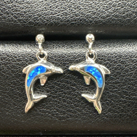 New Condition Lab Blue Opal Dolphin Dangle Earrings 925