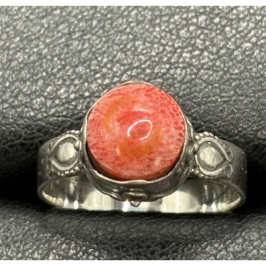 New Condition Sterling Silver Bali Style Coral Ring Size 7