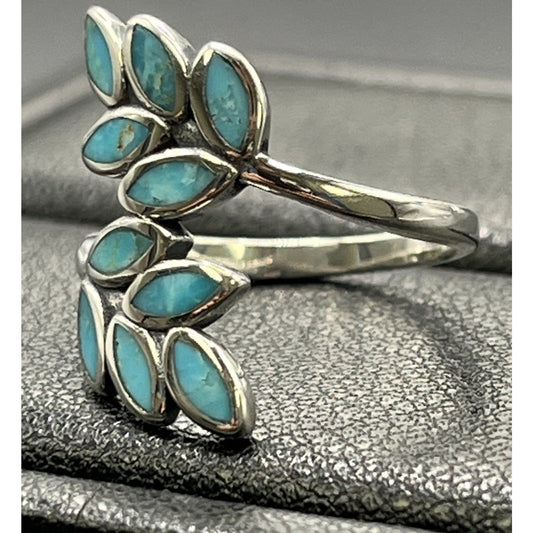 New Condition Turquoise Leaf Bypass Ring 925 Size 5.00