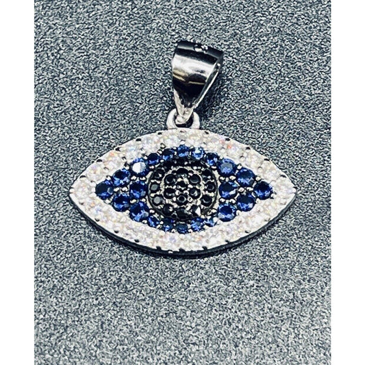 EUC Sterling Silver Blue White Cubic Zirconia Evil Eye Pendant 925 L19