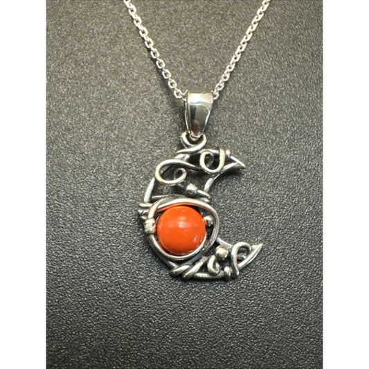 18” New Condition Sterling Silver Carnelian Crescent Moon Pendant Necklace