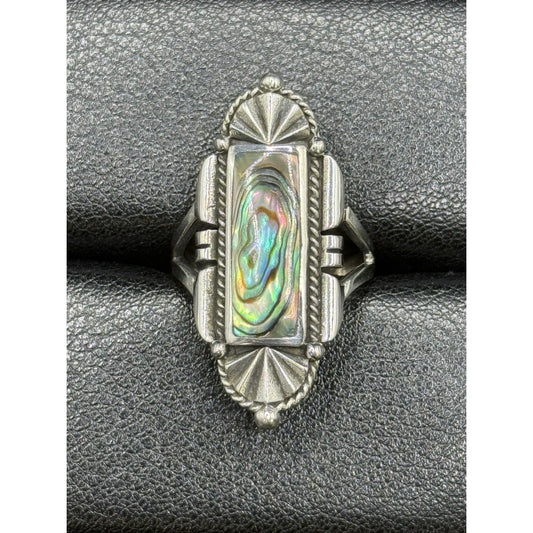 New Condition Sterling Silver Genuine Abelone Art Deco Ring Size 7.00