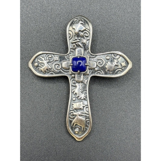 2.75” Carolyn Pollack Relios Sterling Silver Lapis Cross Pendant Pectoral N18