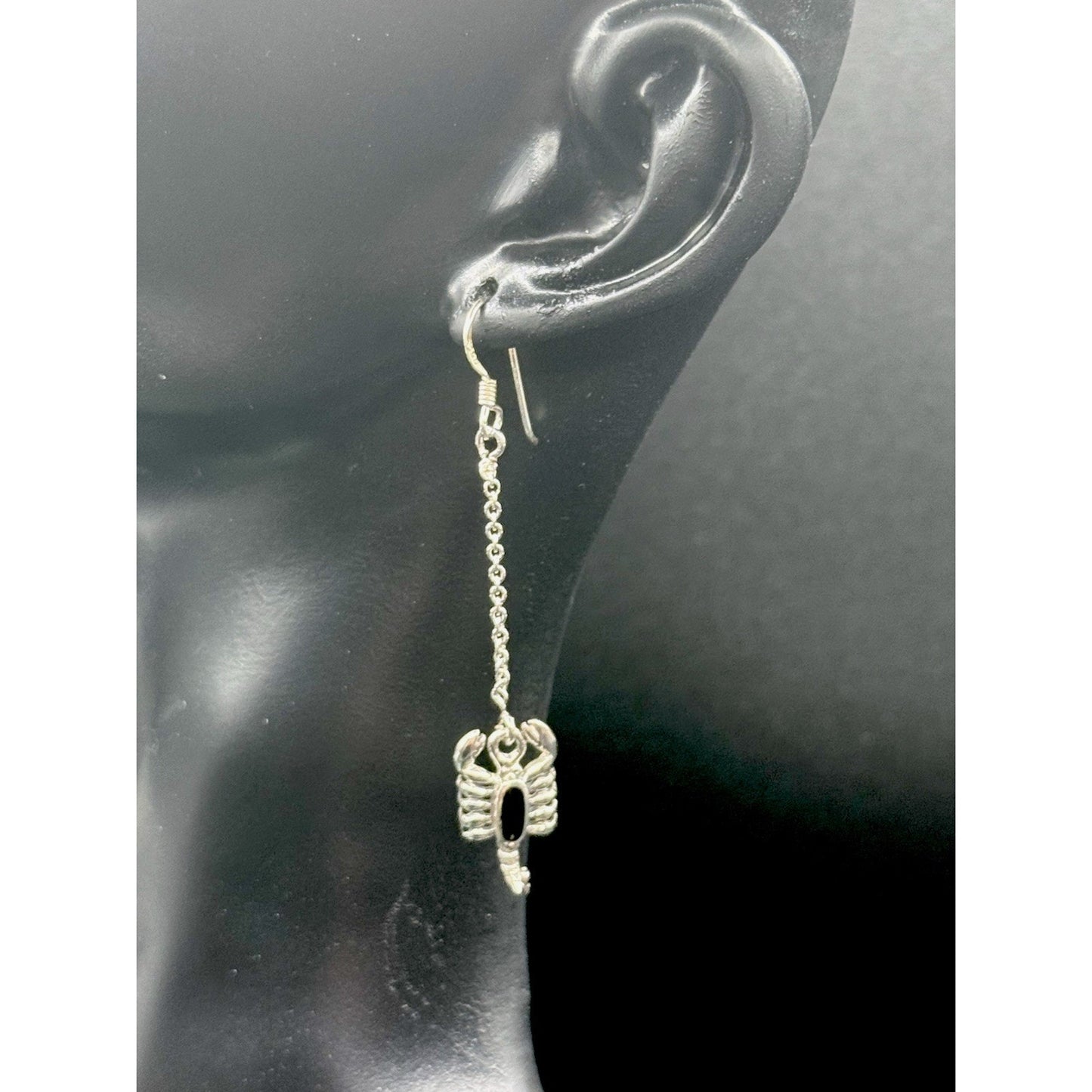 New Condition Sterling Silver Genuine Onyx Scorpion Dangle Earrings
