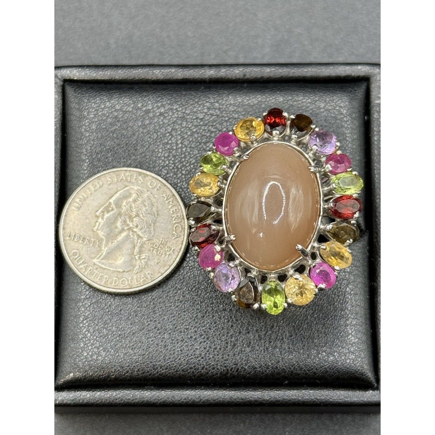 Vintage Large Multi Gemstone Sterling Silver Ring Size 7.50 P5