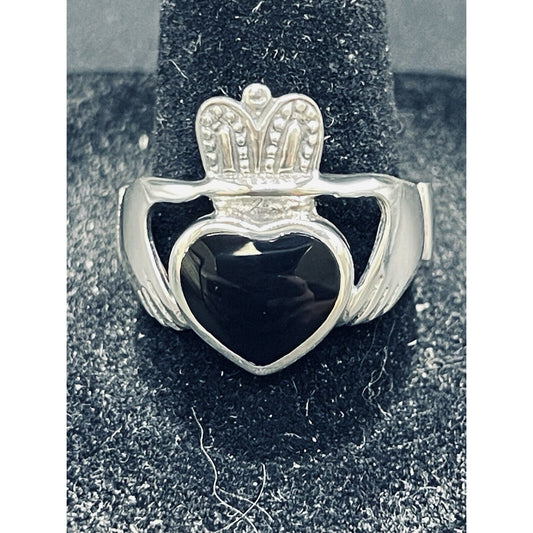 New Condition Sterling Silver Gents Onyx Claddaugh Ring Size 9.50