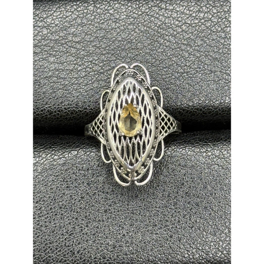 EUC Sterling Silver Genuine Citrine Filigree Ring Size 7.00 925 Q21