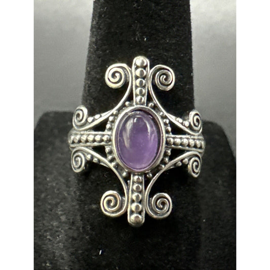 New Condition Sterling Silver Amethyst Cross Ring 925 Size 7