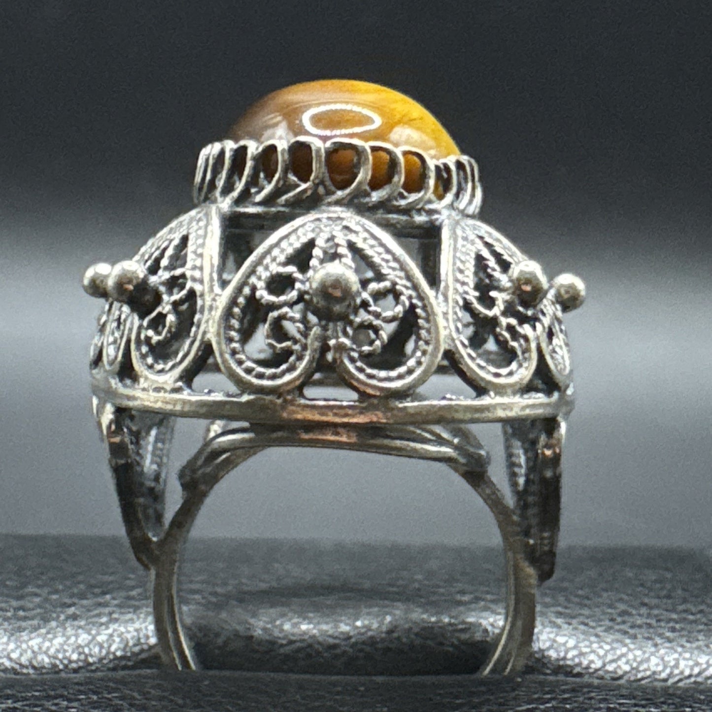 Vintage Sterling Silver Tigers Eye Dome Ring 915 Size Adjustable Q28