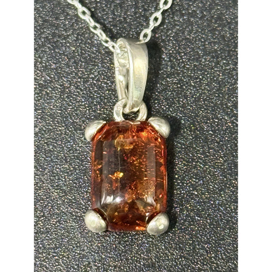 18” Sterling Silver Genuine Amber Pendant Necklace New Chain 925 P11