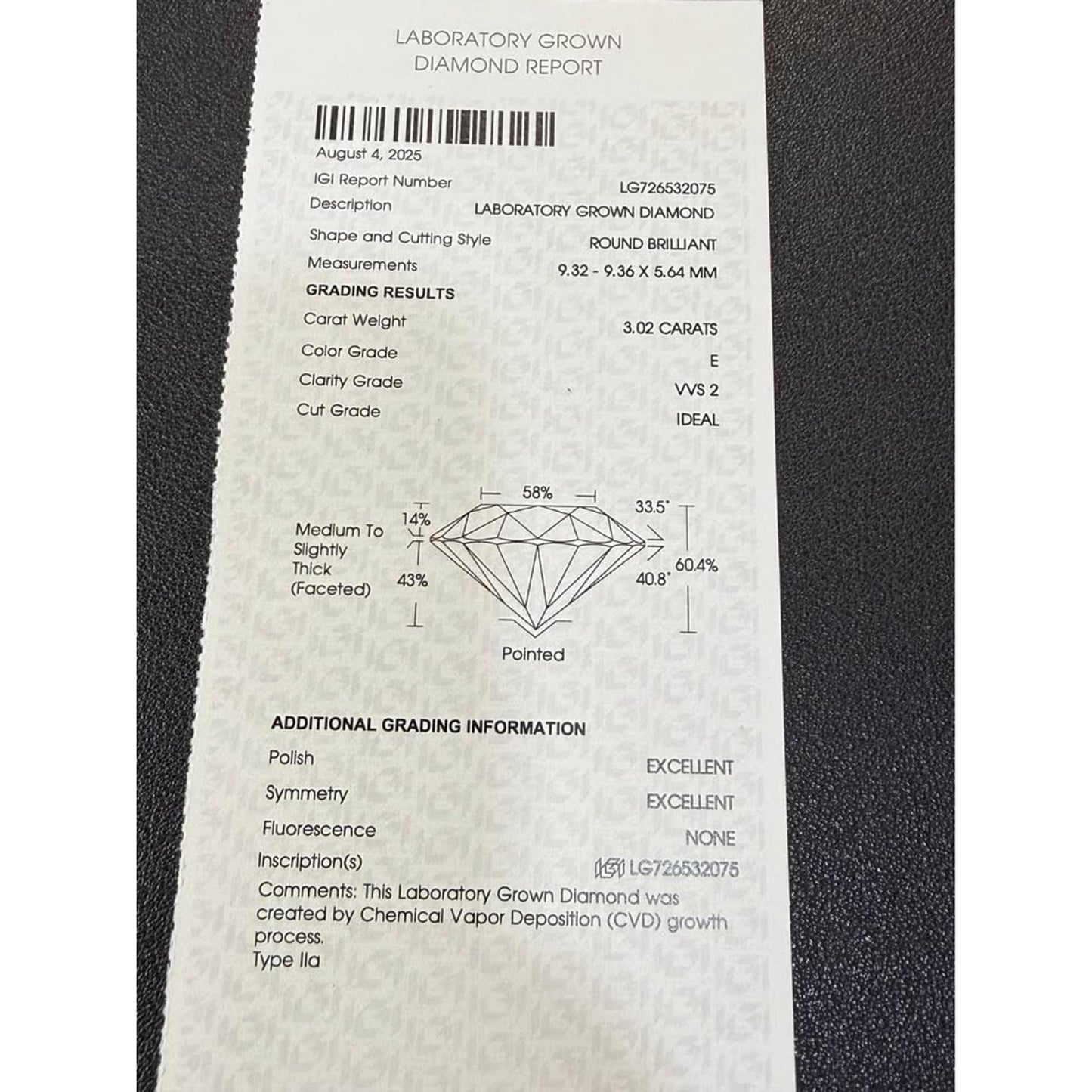 Brand New 14k White Gold 3.02 Round Brilliant Cut Lab Grown Diamond E Color VVS2 Clarity IGI