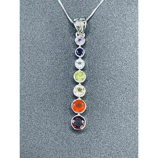 New Condition 18” Sterling Silver Multi Gemstone Graduated Pendant Necklace