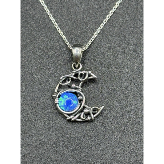 18” New Condition Sterling Silver Lab Blue Opal Artisan Crescent Moon Pendant