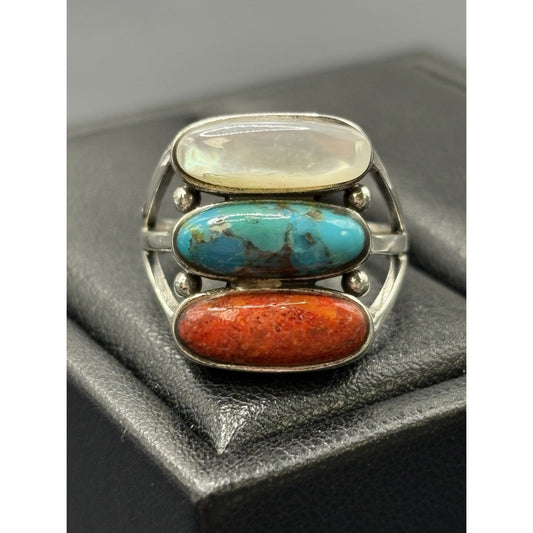 New Condition Sterling Silver Mother Pearl Turquoise Coral Ring Size 8 Y02