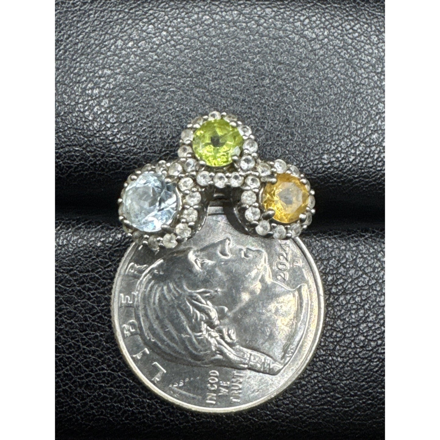 Sterling Silver Triple Gemstone Halo Set To 6.75 Be Green Orange R08