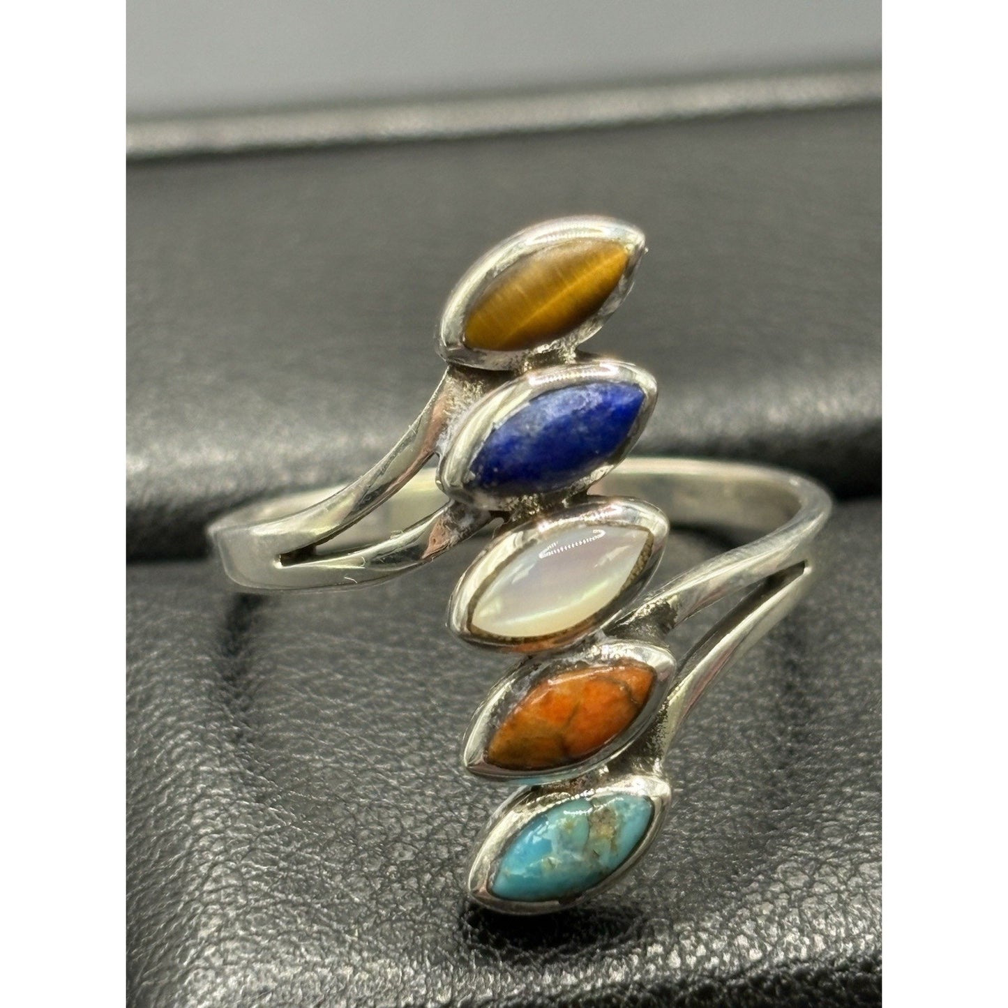 New Condition Sterling Silver Multi Gemstone Bypass Ring Size 10