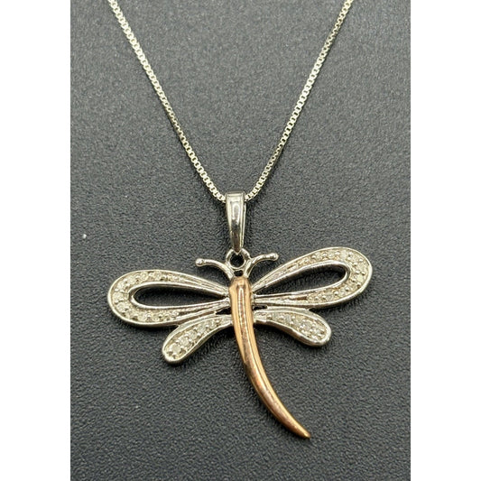 18" NewCondition SterlingSilver Rose Accent 1/10th Diamond Dragonfly Necklace