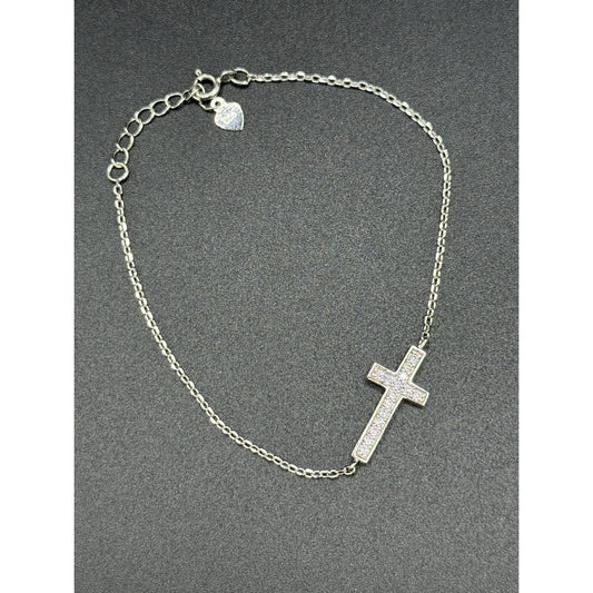 7” Sterling Silver Cubic Zirconia Cross Bracelet 925 EUC P3