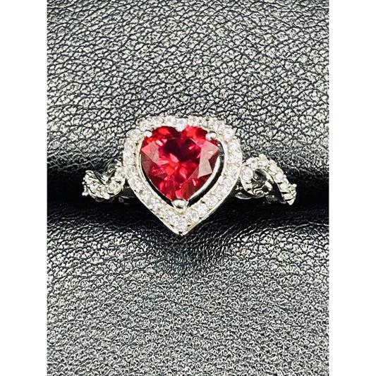 New Condition Sterling Silver Lab Ruby Heart White Sapphire Ring Size 6.25